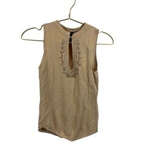 American‎ Vintage 90's Mosaic Rayon Nylon Beaded Tank Top Tan Size M Boho